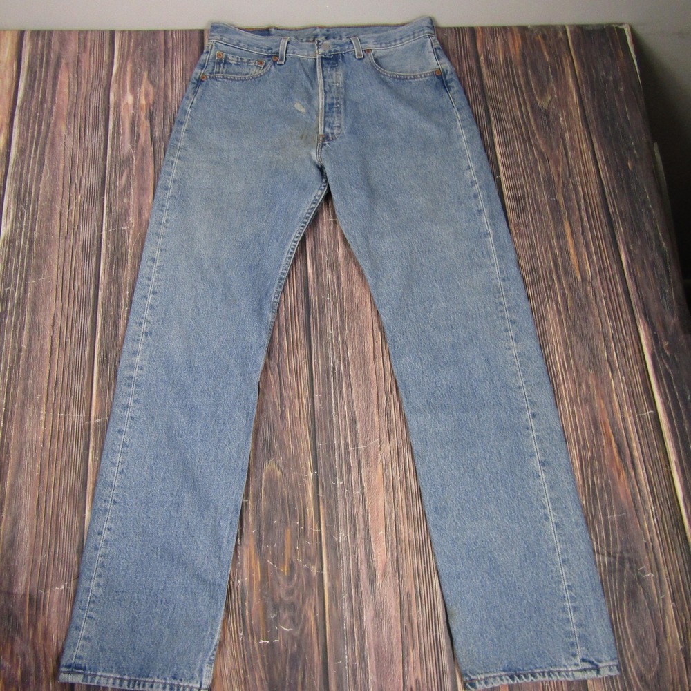 Levis 501 Jeans Mens 34x34 Blue Denim Straight Leg Button Fly Distressed W34 L34